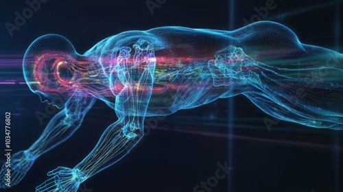 holoscan of a human swimmer, with dynamic skeletal and muscular systems in motion A holographic scan of a human eye adjusting to light, with detailed projections of the retina and optic nerve