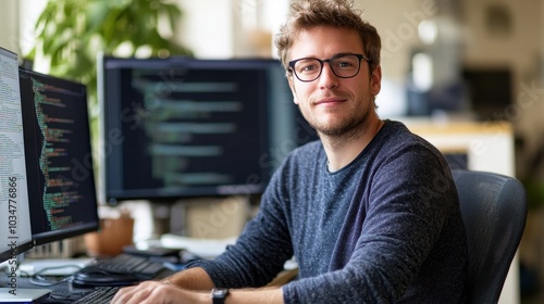 A young European male software developer smiles while working at his desk, surrounded by computer screens and code, capturing modern office life and creativity. photo