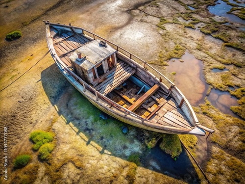 Old Wooden Fishing Boat Aground in Dried Seabed