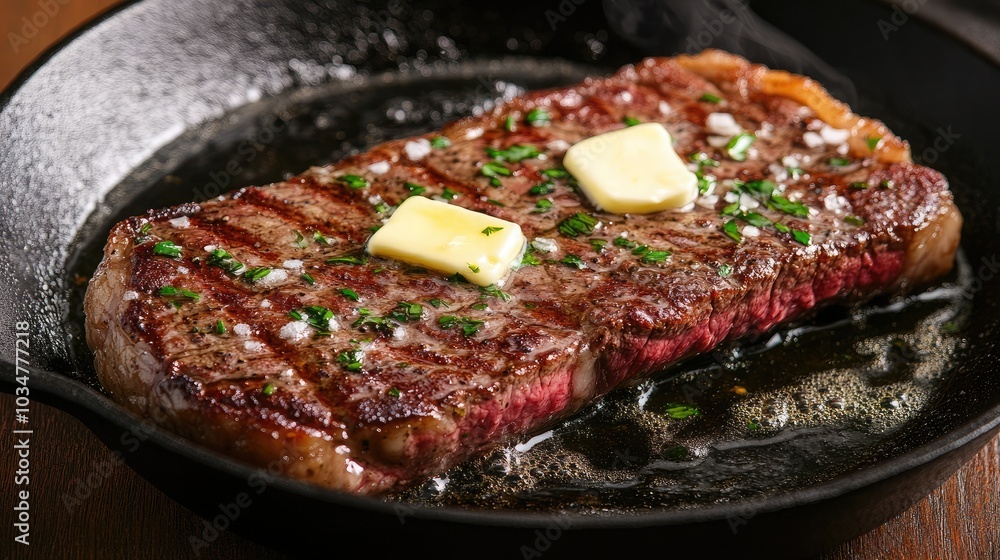 Juicy Steak with Butter in Cast Iron Pan Juicy Steak with Butter in Cast Iron Pan
