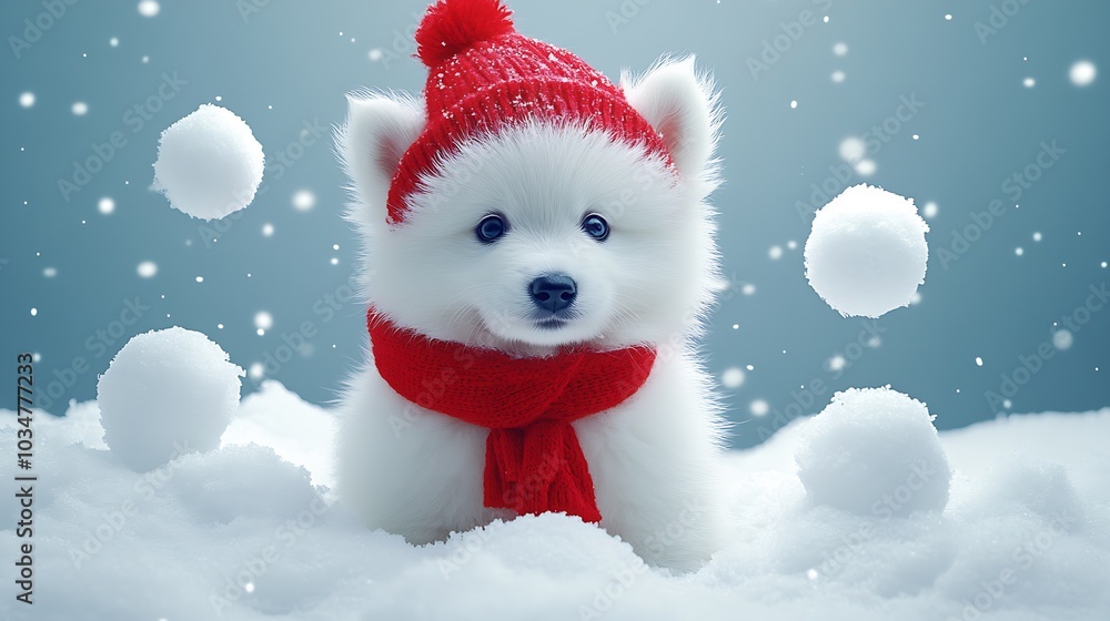 A Samoyed puppy wearing a red ski hat and scarf, playing with snowballs. : Generative AI A Samoyed puppy wearing a red ski hat and scarf, playing with snowballs. : Generative AI