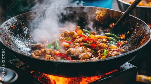 Vibrant Stir-Fry Cooking in a Wok Over Flames