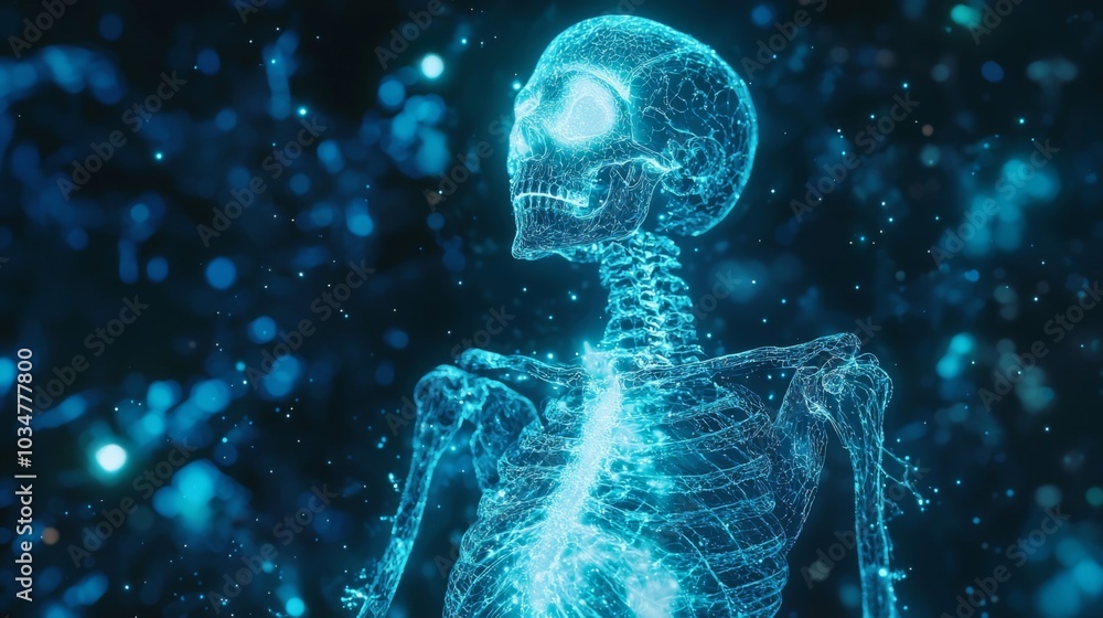 A futuristic holoscan of a human skeleton undergoing bone healing, with glowing projections of new bone growth A futuristic holoscan of a human skeleton undergoing bone healing, with glowing projections of new bone growth