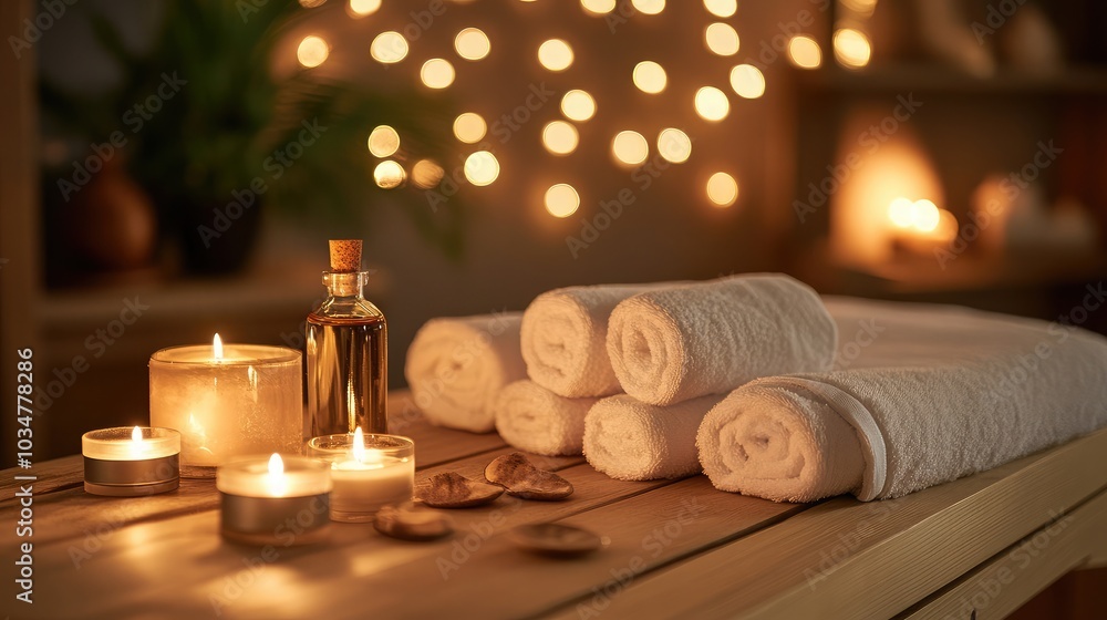 Relaxing Spa Setup with Candles and Towels Relaxing Spa Setup with Candles and Towels