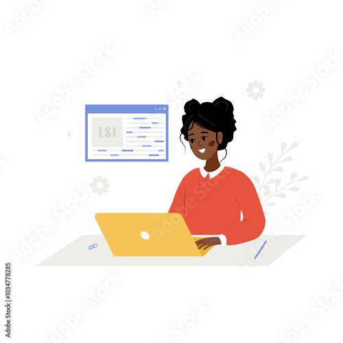 Lsi keyword generation. Latent Semantic Indexing. Key phrases generator. Vector illustration in cartoon style. African female character with laptop is engaged and word search optimization