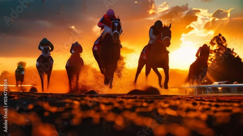 Exciting horse racing event at sunset in a vibrant racing arena with competing jockeys and thoroughbreds