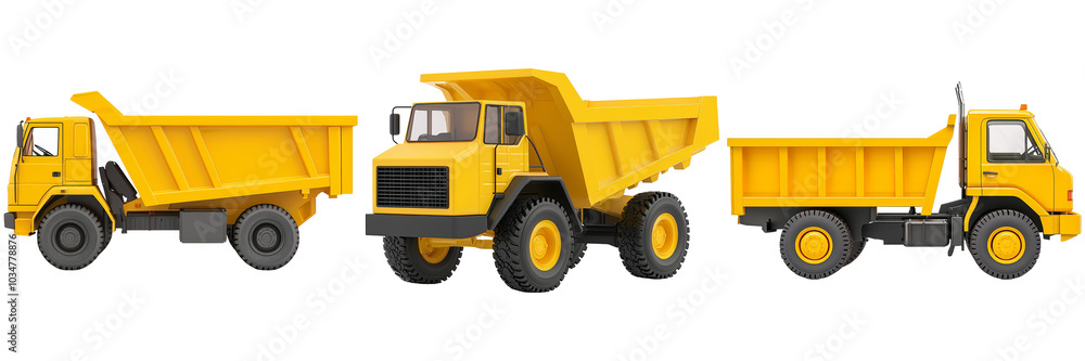 Yellow Dump Trucks in Various Angles Isolated on Transparent Background Yellow Dump Trucks in Various Angles Isolated on Transparent Background