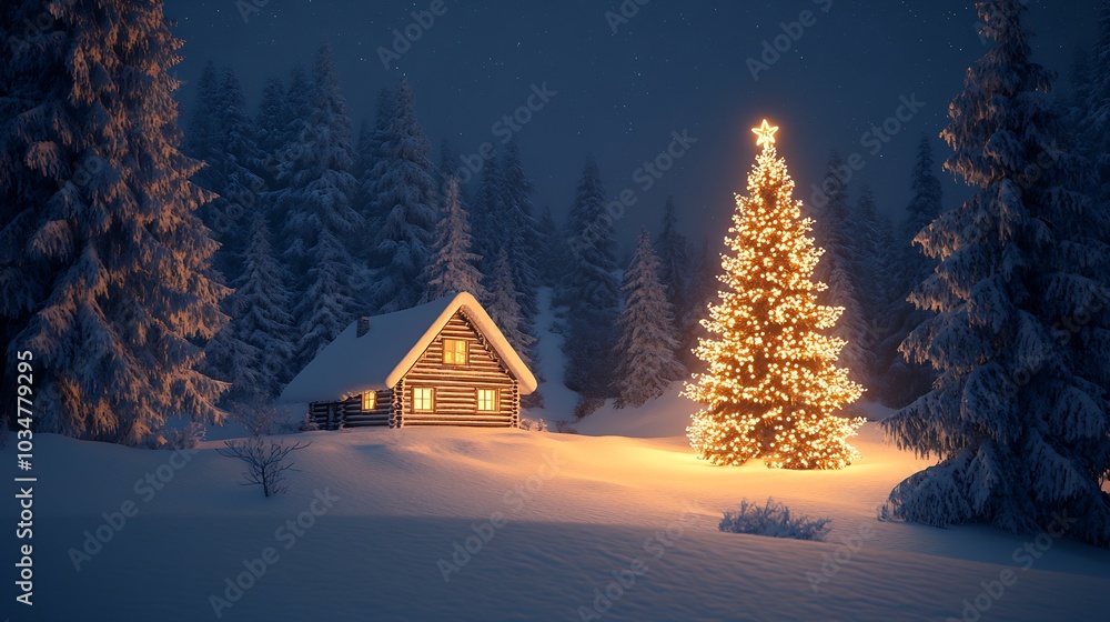 Naklejka premium Serene snowy night with pine trees, a small house : Generative AI