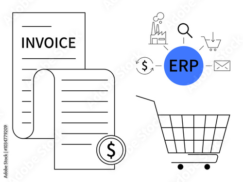 Invoice document with dollar symbol integrated with ERP in blue circle, shopping cart and various business icons. Ideal for business management, financial planning, e-commerce operations, ERP