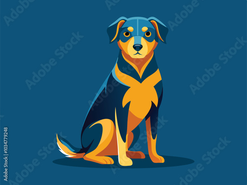 Tricolor Dog Sitting on Blue Background - Vector Illustration.