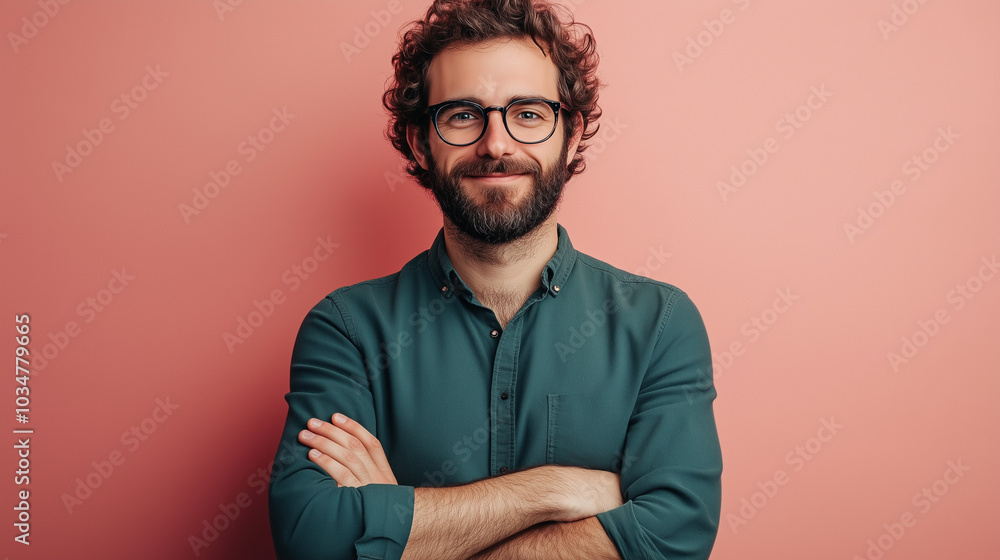 Portrait of a smiling man with curly hair wearing glasses and a green shirt with his arms crossed against a pink background Portrait of a smiling man with curly hair wearing glasses and a green shirt with his arms crossed against a pink background