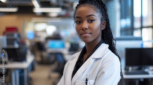 A young Black woman in a lab coat stands confidently in a modern laboratory setting, showcasing her dedication to science and research in a professional environment.