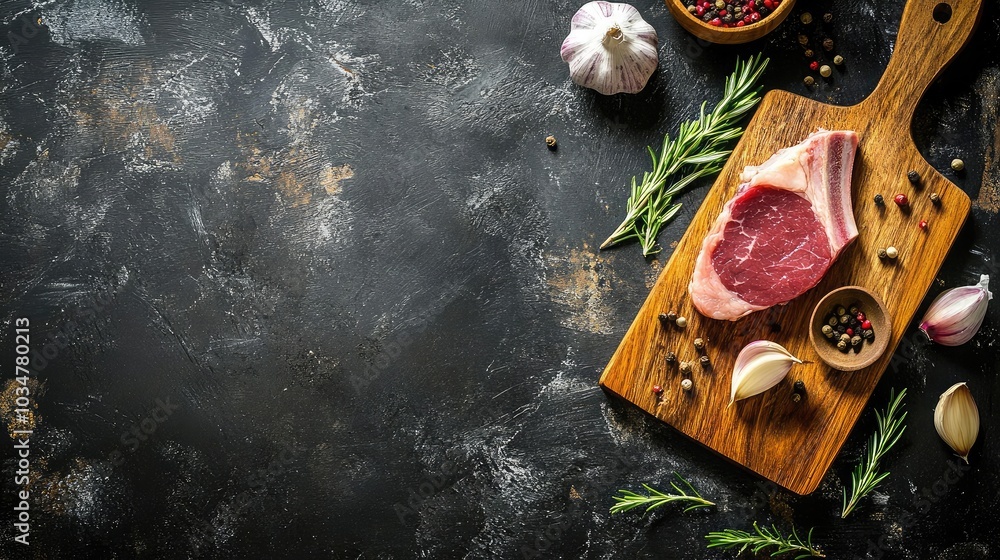 Fresh Meat on Cutting Board with Spices and Garlic