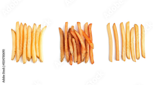 Collection of Crispy French Fries Arranged on a White Background Generative AI