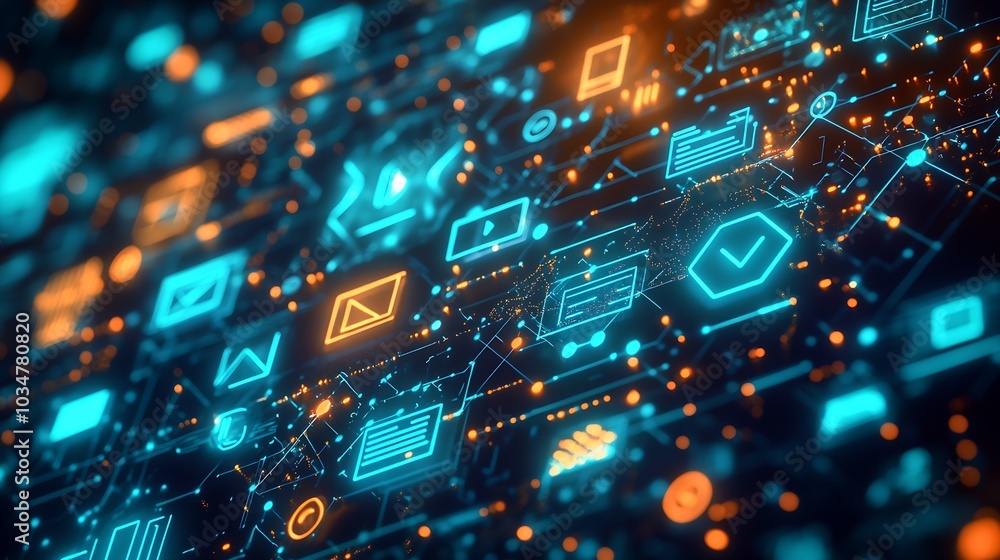 a modern digital landscape. Include life like icons of communication tools : Generative AI a modern digital landscape. Include life like icons of communication tools : Generative AI