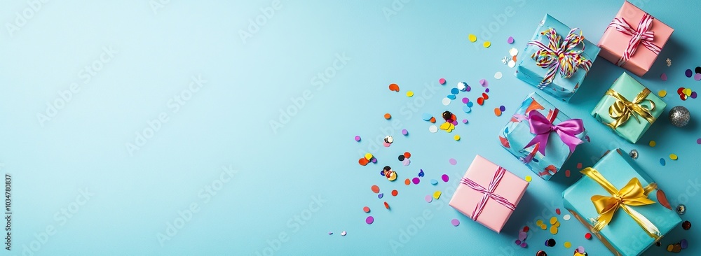 Colorful birthday gifts and confetti on a pastel blue background with copy space Colorful birthday gifts and confetti on a pastel blue background with copy space