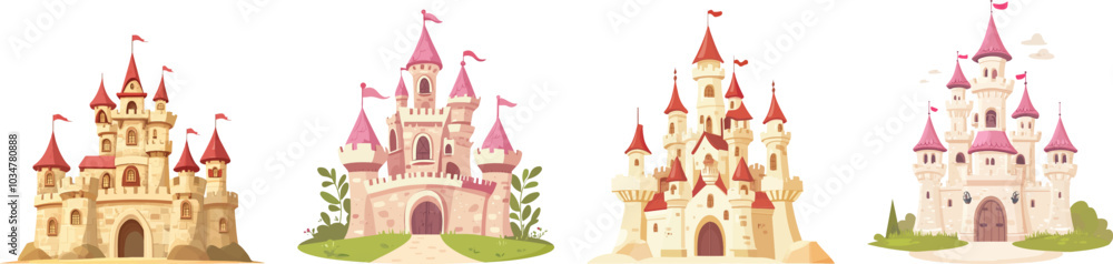 Set of fantasy castles, perfect as the setting for a fairytale, a fortress palace, or a horde fort. For children's books, games, or cartoons Set of fantasy castles, perfect as the setting for a fairytale, a fortress palace, or a horde fort. For children's books, games, or cartoons