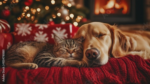 Wallpaper Mural a cute cat and a golden retriever in a cosy living room with by the Christmas tree : Generative AI Torontodigital.ca