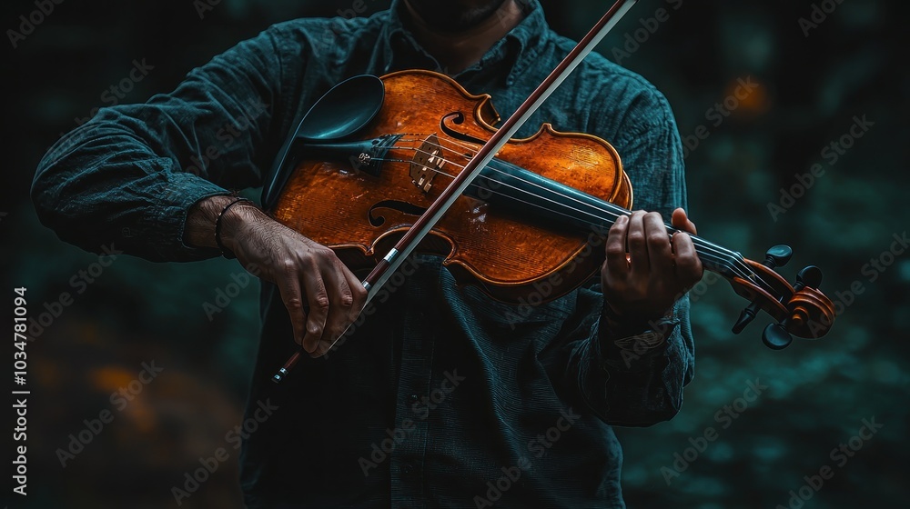 Fototapeta premium A man is playing a violin in the rain