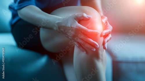 Close-Up of Knee Pain - Hands Holding Sore Joint with Red Glow,A detailed image depicting a person experiencing knee pain, as they grasp their inflamed joint. 