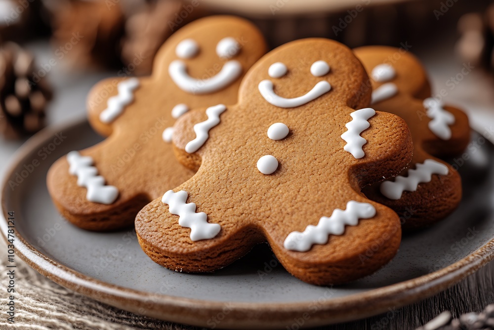 Gingerbread cookies men with smile on plate : Generative AI