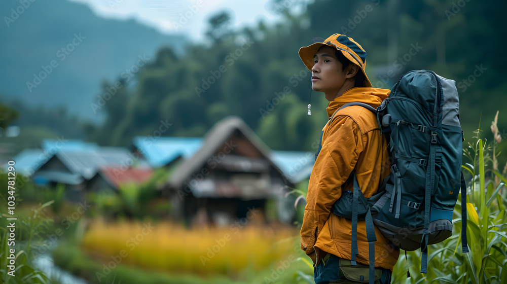 Asian backpacker enjoying with his travelling Asian backpacker enjoying with his travelling