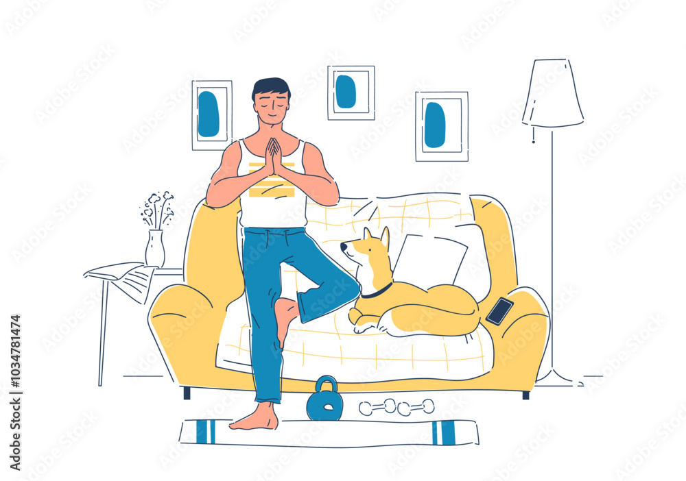Workout at home. Man training in apartment. Active lifestyle and sports, fitness and yoga. Young guy near dumbbells and kettlebell. Linear vector illustration isolated on white background Workout at home. Man training in apartment. Active lifestyle and sports, fitness and yoga. Young guy near dumbbells and kettlebell. Linear vector illustration isolated on white background