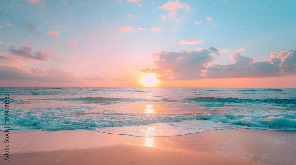 Obraz premium Beautiful sunset beach scene. Colorful sky and clouds view with calm sea and relaxing tropical mood for summer vacation holiday and travel concept