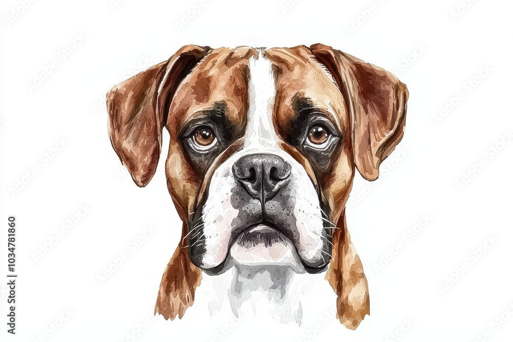 A detailed illustration of a Boxer dog’s face showcasing its expressive eyes and distinctive brown and white coat. A detailed illustration of a Boxer dog’s face showcasing its expressive eyes and distinctive brown and white coat.