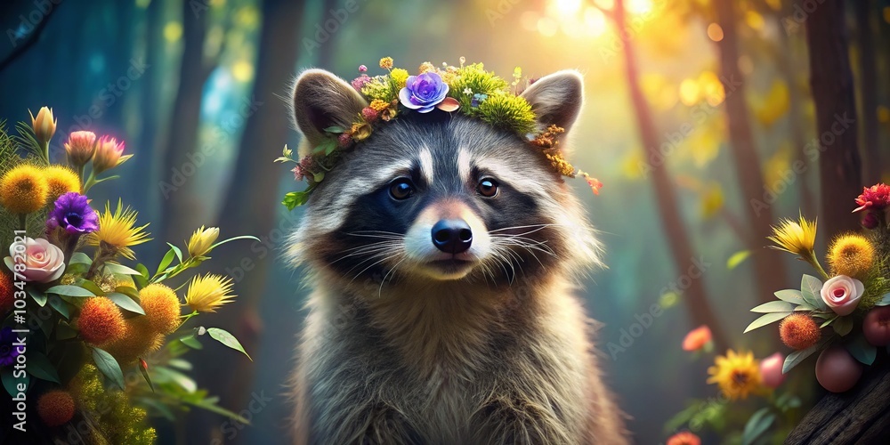 Raccoon Adorned with a Floral Headpiece: A Surreal Portrait Raccoon Adorned with a Floral Headpiece: A Surreal Portrait