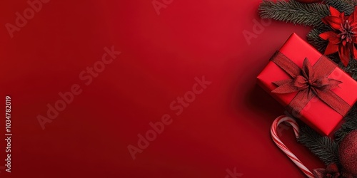 Festive Red Background with Gift and Decorations