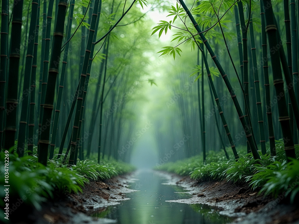 Path through a forest with a stream running alongside it Path through a forest with a stream running alongside it