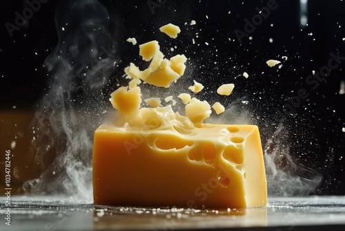 Block of Swiss Cheese Exploding with Smoke and Cheese Fragments photo