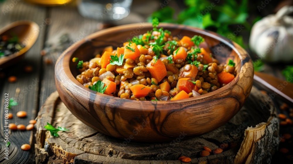 Rustic Wooden Bowl with Lentil, Carrot, and Pumpkin Ragout Rustic Wooden Bowl with Lentil, Carrot, and Pumpkin Ragout