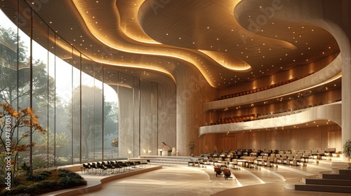 Modern Concert Hall Interior with Curved Walls and Natural Lighting