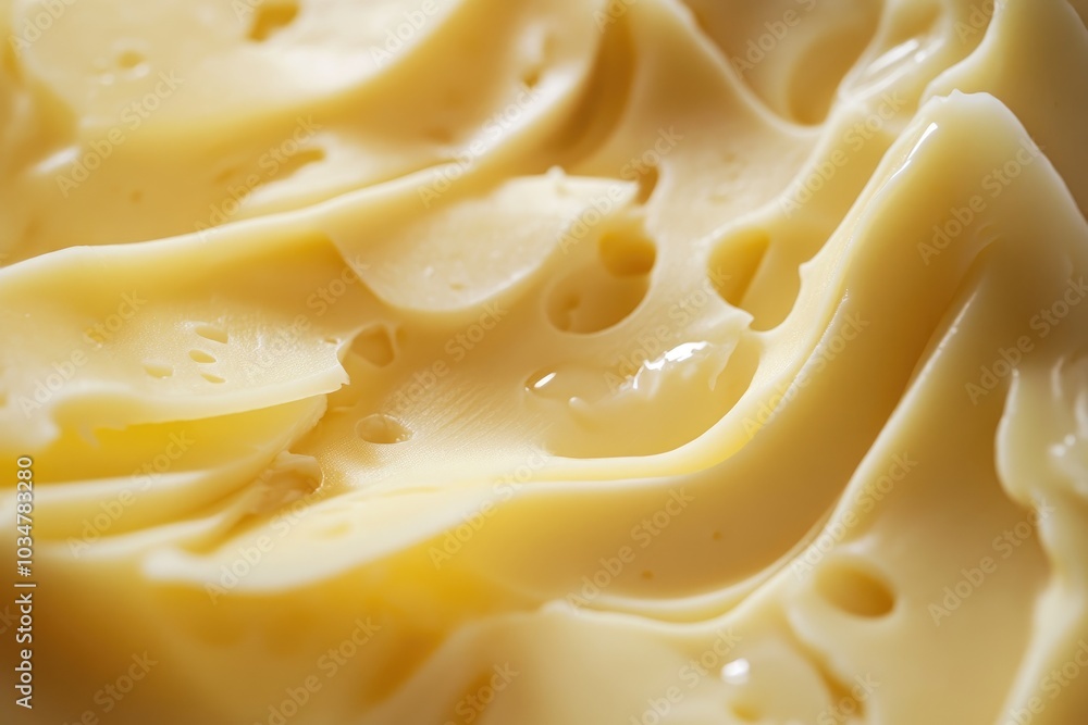Close-up of Creamy, Swirled Swiss Cheese with Holes Close-up of Creamy, Swirled Swiss Cheese with Holes