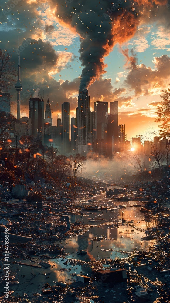 Post-Apocalyptic Cityscape: Ruins and Smoke at Sunset Post-Apocalyptic Cityscape: Ruins and Smoke at Sunset