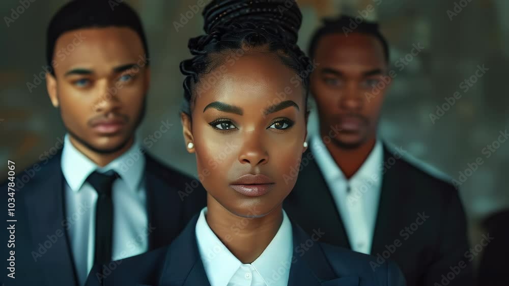 Stylish group portrait of three confident individuals in suits against a textured backdrop Stylish group portrait of three confident individuals in suits against a textured backdrop