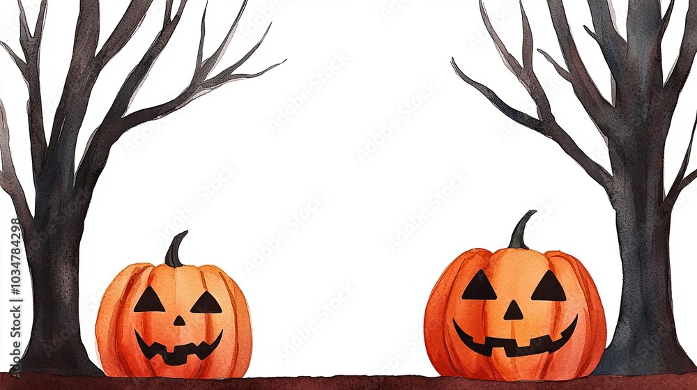 Two playful Halloween pumpkins with spooky faces surrounded by leafless trees in a spooky autumn setting. Two playful Halloween pumpkins with spooky faces surrounded by leafless trees in a spooky autumn setting.