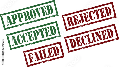Rubber stamp with words accepted approved rejected declined failed, red and green grunge style, transparent negative space
