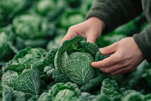 a farmer's hands touching the green leaves of a Chinese cabbage : Generative AI photo