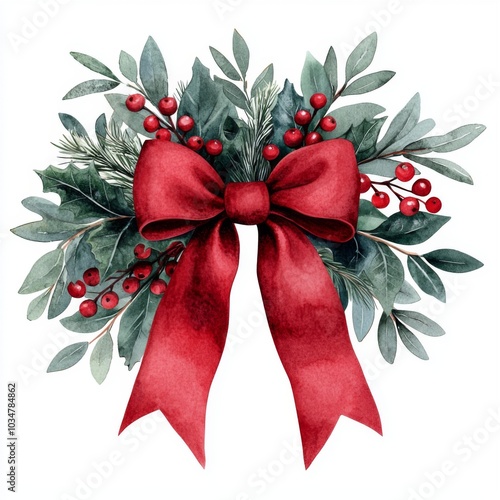 Festive Christmas Bow with Greenery and Berries