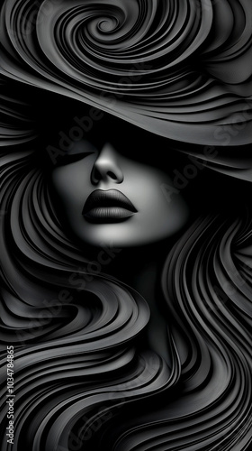 A woman with long black hair is wearing a hat and has her eyes closed. The image is a black and white photograph of a woman with a hat on