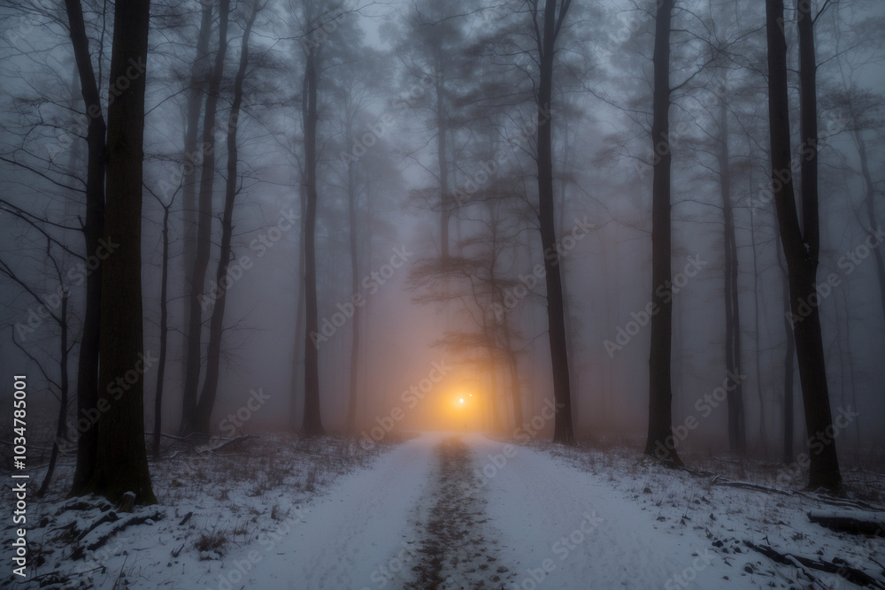 In the middle of the forest on a foggy winter night In the middle of the forest on a foggy winter night