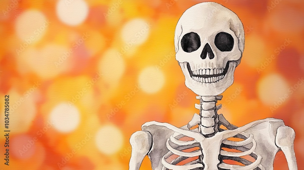 A cheerful skeleton illustration on a vibrant orange background, perfect for Halloween or medical themes. A cheerful skeleton illustration on a vibrant orange background, perfect for Halloween or medical themes.