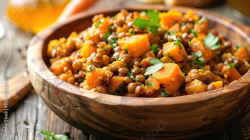 Nutritious Lentil, Carrot, and Pumpkin Ragout in Wooden Bowl 