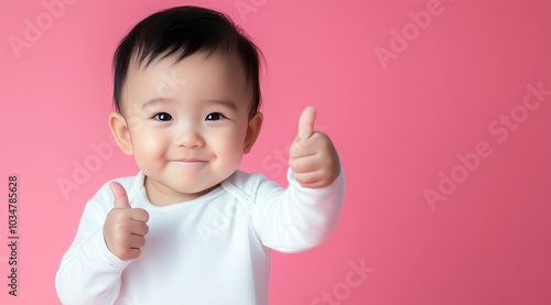 Un adorable bébé asiatique, souriant, les mains avec les pouces levés, portant un body blanc à manches longues, sur un fond isolé rose, image avec espace pour texte.