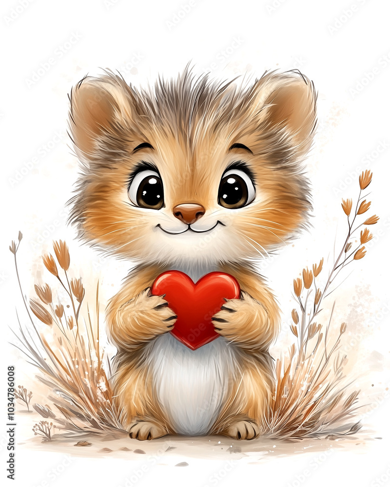 A cute little brown and white animal holding a red heart. The animal is smiling and he is happy A cute little brown and white animal holding a red heart. The animal is smiling and he is happy
