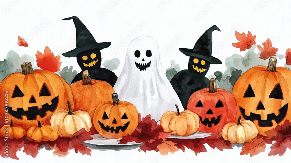 Fototapeta premium A whimsical Halloween scene featuring pumpkins, a ghost, and witches among colorful autumn leaves.