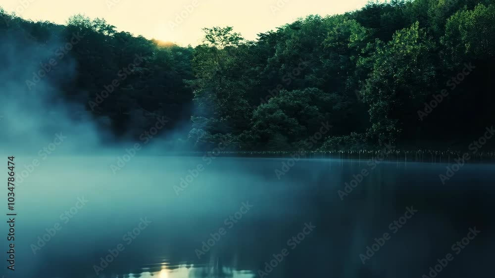 A misty morning on a lake surrounded by trees A misty morning on a lake surrounded by trees
